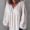 Kadın Bluzlar Gömlek 2022 Zarif V Boyun Puf Kol Dantel Bluz Kadın Yaz Beyaz Artı Boyutu Patchwork Tunik Blusas Mujer Chemise Tops