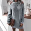 Off Cold Shoulder Solid Knit Maglione Abito Donna O-Collo Manica lunga Allentato Mini abiti in maglia Moda casual femminile 210518