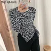 MATAKAWA Vintage Round Neck Slim Woman Tshirts Irregular Side Tops Slit Leopard Print Bottoming T-shirt Women Fashion Clothing 210513