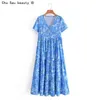 Zomer Mode Vintage Stijl Floral Print V-hals Korte-mouw A-Lijn Blauw Mid-Lengte Vrouwelijke Jurk Knop 210508