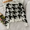 Sweter Jesień O Neck Bow Bird Lattice Cardigans uprawa Z Długim Rękawem Koszulki Topy Single-Breasted Coat Sueters de Mujer 210610
