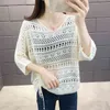 Hollow Thin Knit Sweater Women Loose Large Size Drawstring V-neck Solid Color Bat Sleeve Jumpers Pullover Female Spring Summer 210427