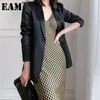 [Eam] Femmes Noir Poche Silky Bouton Simple Bouton Blazer Notched Longue Manches Fit Fit Veste Fashion Summer 1DD1612 210512