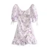 Streetwear Vintage Floral Imprimer Robe à manches bouffantes Femmes Casual Bow Lotus Edge Vacances Sexy Mini Robes Robes Mujer 210508