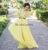 Fitted Yellow Moroccan Dubai Evening Dresses Elegant Chiffon Long Sleeve Arabic Muslim Prom Dress With Beaded Crystal Formal Party Gowns Robe De Soiree