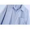 Camicia in popeline a righe oversize blu Donna Estate Casual Bottoni Camicie da donna Manica lunga Orlo asimmetrico Tasche da donna 210430