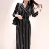 Wide Leg Jumpsuit Overalls Long Trousers Fashion Women Striped Office Lady Elegant With Belt 210514