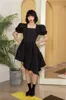 Puffärmel-Tunika-Kleid mit quadratischem Ausschnitt, schwarz, asymmetrisch, Sommer, elegant, kurz, gerüscht, Damen s 210427