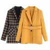 Vintage Femmes Plaid Blazers Costume Ceintures Poches Manteau À Poitrine Dame Couleur Jaune Mode Chic Femme Veste Chaqueta Mujer 210515