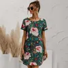 Korte mouw o hals bloem print bohemien jurk losse taille casual a-line kniellengte plus size zomer kleding voor vrouwen 210604