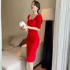 French Style Vintage Kwadratowy Kołnierz Rękaw Puff Rękaw Midi Party Dress Damska Ol Elegancka Streetwear Backless Kobiet Bodycon Dress Y1204