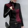 새로운 2021 여성 스프링 가을 슬림 티셔츠 패치 워크 바닥 긴 소매 캐주얼 한국 미니멀리스트 트리코 탑 티 샌드 210317