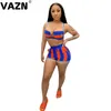 VAZN 2020 Summer Hot Striped Plus Size Beach Hollow Out Open Young Designer Mini Bikini Top Short Pants Slim Women 2 Piece Set X0428