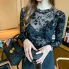 Printed See Though Mesh Fashion Women Blouses Round Neck Flocked Sexy Slim Bottoming Shirt for Pullover 10769 210508