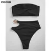 Ingaga Bandeau Bikinis Wysoka talia Damskie stroje kąpielowe BRIPBED Swimwear Wytnij Biquini Sexy Łańcuch Garnitury Bikini Set 210629