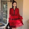 Sonbahar V Yaka Dantel Elbise Kadın Noel Parti Puf Kollu Kırmızı Rahat Moda Mini Kendinden Elbise Kadın Vestido 210603