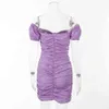 Women's Purple Bowknot Sleeve Mini Dress Deep V-neck Lace Up Ruched Sexy Elastic Tight Dresses Party Night Wear Summer 210517