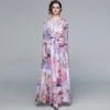 Summer Fashion Runway Boho Maxi Abito a maniche lunghe Fiori Stampa Vacanze Elegante Abito da festa 210531