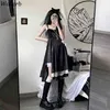 Asymmetrische zwarte jurk vrouwen harajuku gothic spaghetti riem patchwork jurken Japanse y2k goth vestido de mujer 210519