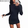 New Long Sleeve Knitted Autumn Winter Dress Woman 2021 V-neck Mini Casual Harajuku Bodycon High Waist Dresses Fashion Clothes Y1006