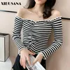 Women Knitted Crop Tops Bottom Shirt Pullover Spring Long Sleeve Female Casual Off Shoulder Striped Knitting T-Shirts Crops 210423