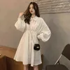 Abito Donna Coreano Elastico in vita Design Vintage Nero Semplice Estate Donna Vestidos Lantern Sleeve Trendy Preppy Girls Abiti G1214