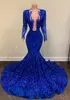 Royal Blue African Black Girls Prom Dresses 2021 Long Sleeve Sequined Beaded V Neck Evening Dress Plus Size Formal Party Pageant Gowns