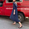 Femmes Navy Blue Col V-Col V-Manches Solid Empire Midi Long Robe Jeune Style Summer D2471 210514