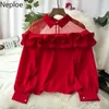 Ruffles Mesh Patchwork Women Shirts Solid Långärmad Office Lady Blouse Fashion Casual Transparent Blusa Toppar Femme 210422