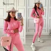 Automne Mode 2pcs Femmes Vêtements Casual Rib Tricoté Zipper Pull à manches longues + Pantalon d'attente haute Sweatsuit Fitness Active Wear Y0625