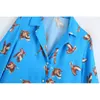 Women Vintage Chic Birds Printed Blue Long Blouses Elegant Fashion Lapel Collar Shirts Female Chic Tops 210520