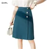 Qooth Retro A-Line kjol Koreansk stil Kontor Lady Mid-Length Kjol Hög midja All-Match Slim Button Fashion Skirt Qt535 210518