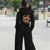 Deat女性巾着オープンバックルーススウェーターシャツレースアップワイドレッグパンツ2個セットファッション春夏MZ968 210709