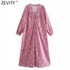 Zevity Kvinnor Vintage Paisley Skriv ut Striped Casual Midi Dress Kvinna Platser V Neck Cashew Nötter Vestido Chic Kimono Klänningar DS8389 210603