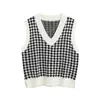 Jesień Vintage Sweter Kamizelki Luźne Tysiące Ptak Plaid V-Neck Knit Waistcoat Vest Kamizelka High Street 210508