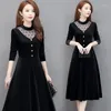 Sonbahar Kış Vintage Altın Kadife Midi Elbise Kore Rahat Siyah Kadınlar Zarif Bodycon Parti Uzun Bir Hat Y433 Elbiseler