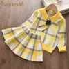 Bear Leader Winter Autumn Girl Dress Children Clothes Kids Dresses for Girls Plaid Dress Bow Knitted Sweater Toddler Girl Dress 210708