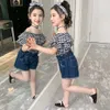 Teen Girls Clothing Plaid Tshirt + Denim Short Teenage Summer Clothes Casual Style Costumes For Children 210527