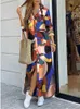 Женщины элегантная печать щельюма рубашка дрсуммер отворотный шеи макси бохо Двасятная свободная кнопка с длинным рукавом пляжные платья Vestidos X0621