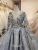 Sparkly Beaded Ball Gown Prom Klänningar V Neck Långärmad Sequined Evening Gowns Sweep Train Formell Klänning Robes de Custom Made