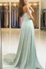 Mint unieke sweetheart groene lange bruidsmeisje jurken 2021 goedkoop een lijn chiffon applique kant backless bruidsmeisje feestjurken pplique