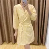 Sweet Women Yellow Plaid Dress Fashion Ladies V-Neck Asymmetric Vestidos Elegant Kvinna Chic Bow Sashes Mini Dresses 210427