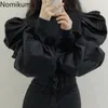 Nomikuma Koreanischen Stil Puff Sleeve Shirt Frauen Blusas Einfarbig Patchwork O Neck Elegante Bluse Dame Vintage Mode Tops 3c817 210514