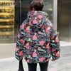 Oversize Kleding Winter Donsjack Dames Print Gevoerde Jas Vrouwelijke Mode Stijl Rits Korte Bovenkleding Hooded Parka Mujer 211130