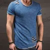 Mode Zomer Ripped Clothes Men Tee Hole Solid T-shirt Slim Fit O Hals Korte Mouw Spier Casual Jersey Tops T-shirts Y0322