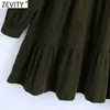 Zevity kobiety skręć przyciski kołnierzowe sztruks proste sukienka preria elegancka rękaw puffowy Vestido plisy mini sukienka DS4940 210603