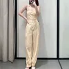 Amarelo xadrez feminino macacão moda largamente alças sem mangas longas mulheres botão de verão backless mulher macacão 210519