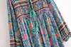 Vintage Chic Femmes À Manches Longues Cravate Cou Ethnique Vert Imprimé Floral Plage Bohème Maxi Robes Dames Boho Robe Robe Robes G1214
