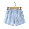 Bazaleas Vintage Tartan Blue Light Women Short All Match Bottom Fashion Summer Shorts Casual Elastic Wasit Feminino