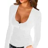 여성용 티셔츠 단색 긴 소매 섹시한 사각형 칼라 버튼 낮은 컷 탑 슬림 가을 야생 기본 의류